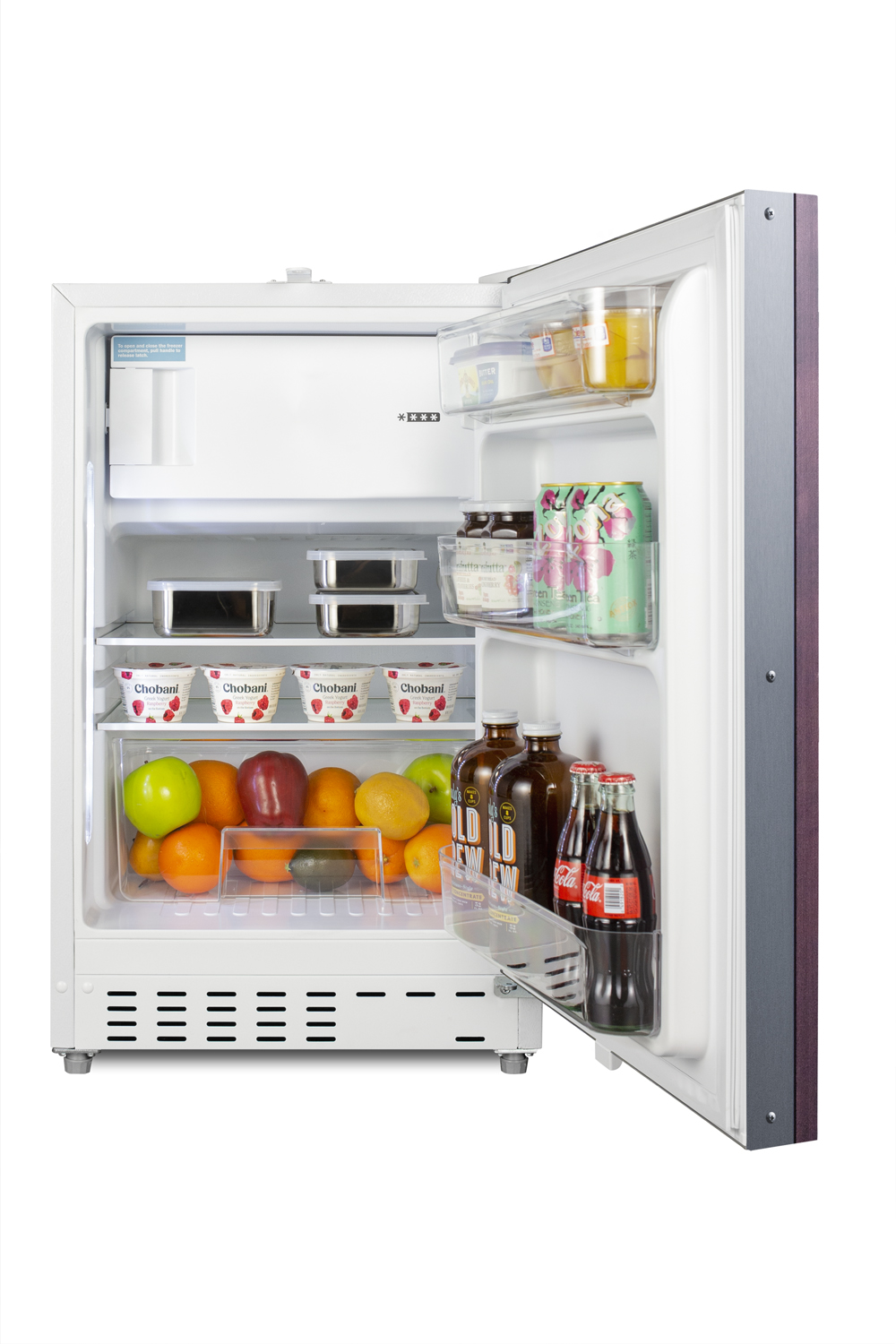 Built-in undercounter ADA compliant refrigerator-freezer in white with a panel-ready door for residential use, manual defrost with glass shelves, and door storage